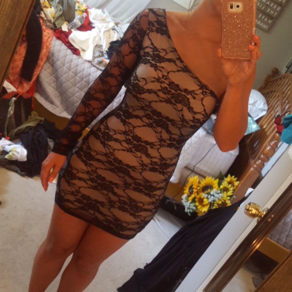 Lace illusion one shoulder mini dress